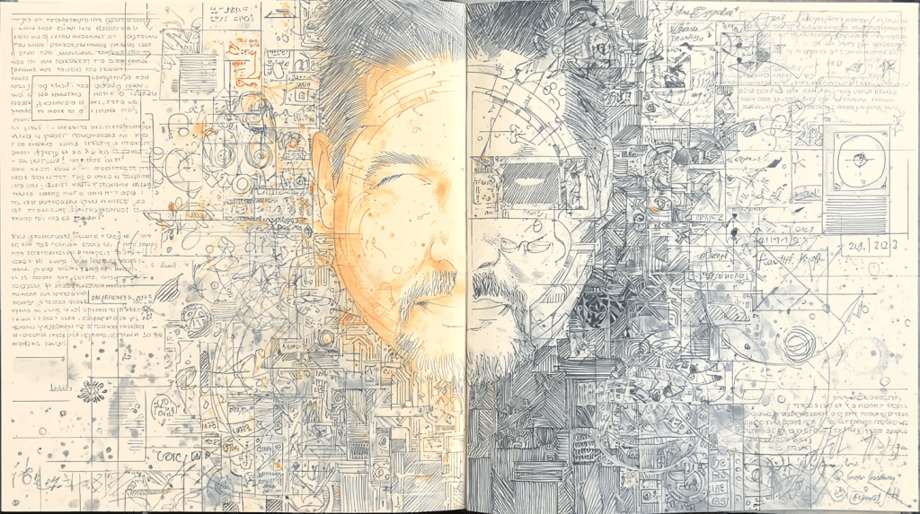 An artistic sketch of a man's face intertwined with abstract geometric patterns, handwritten notes, and various symbols, creating a visually complex narrative.