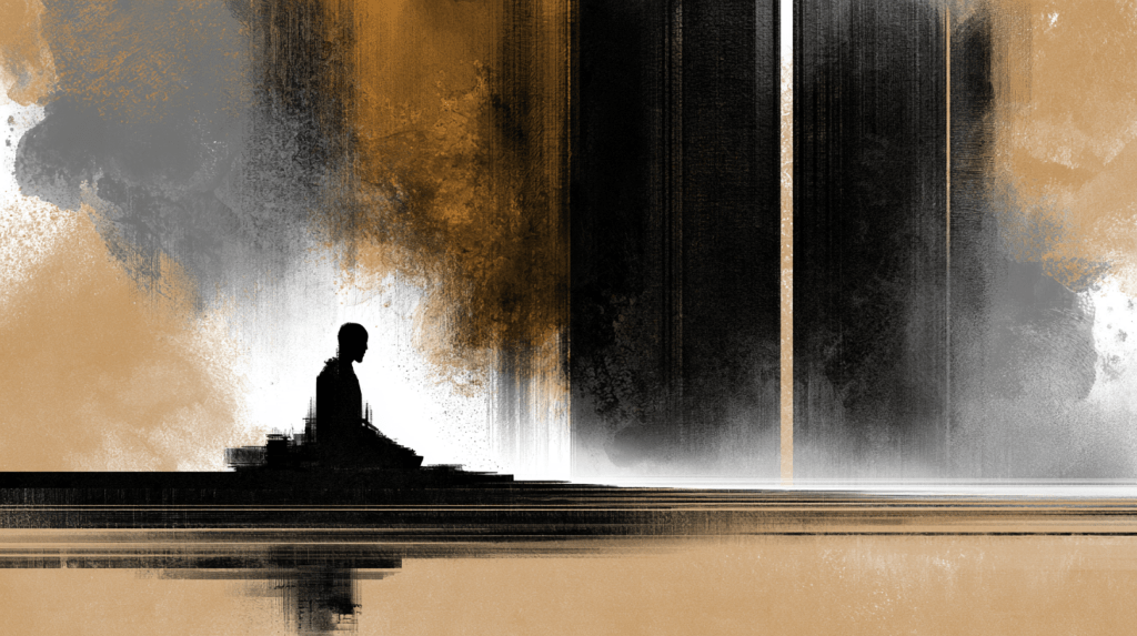 Silhouette of a person sitting in meditation against an abstract background of gold, black, and gray hues, evoking a sense of tranquility and contemplation.