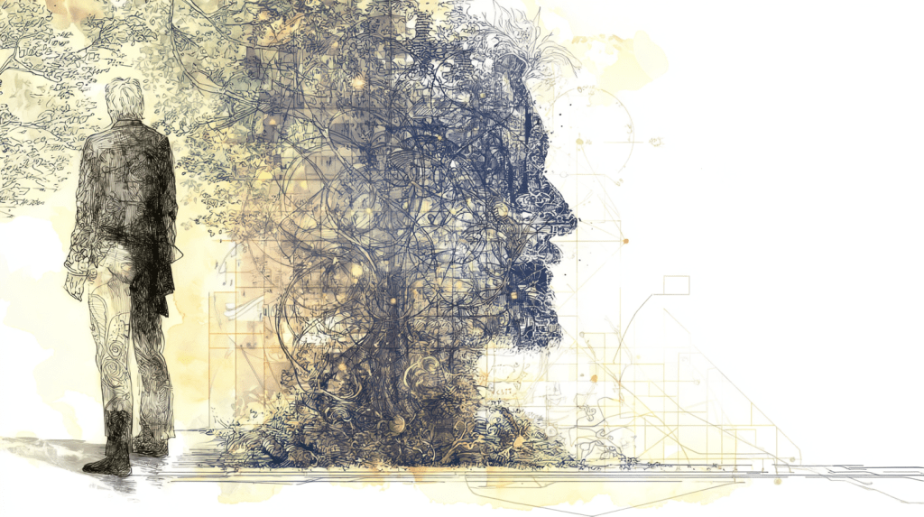 A man standing with his back to the viewer, surrounded by an abstract blend of illustrations including leaves and intricate designs forming a face profile.
