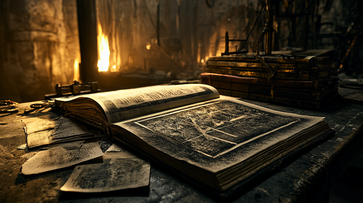 Stack of hardcover books and loose manuscript pages, warm directional light, cinematic editorial mood