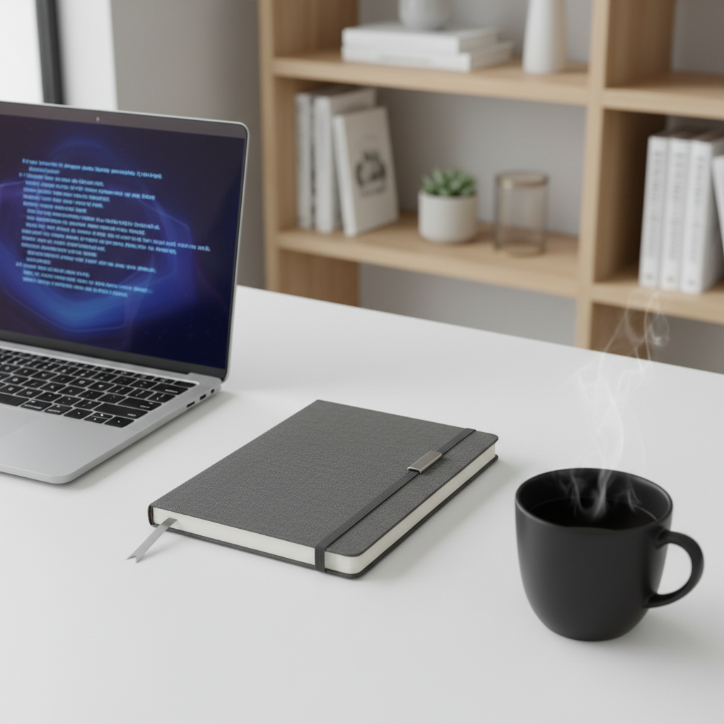 A clean white desk with an open laptop glowing softly, a closed charcoal notebook, and a matte black cup of tea in a quiet modern study.