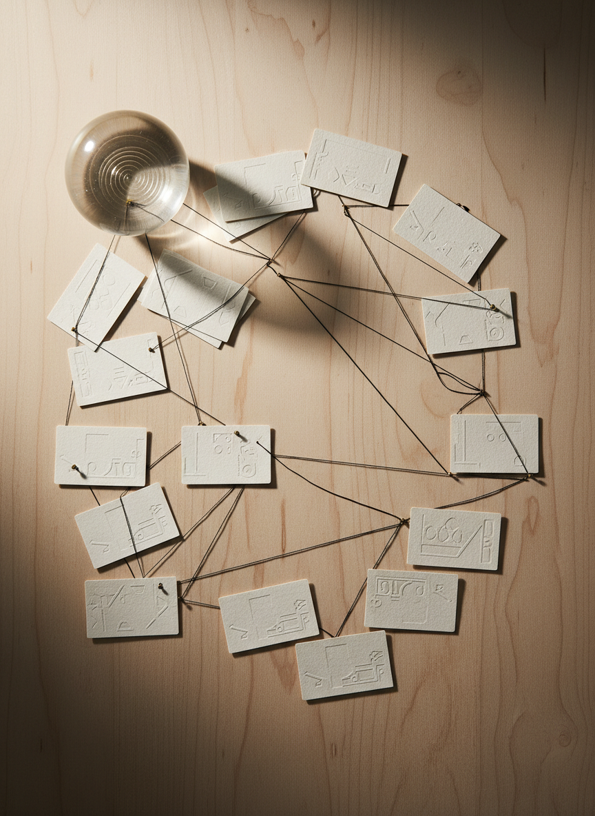 An overhead view of a pale wooden table arranged like a map of ideas: blank index cards linked by thin black string and small brass pins in soft morning light.
