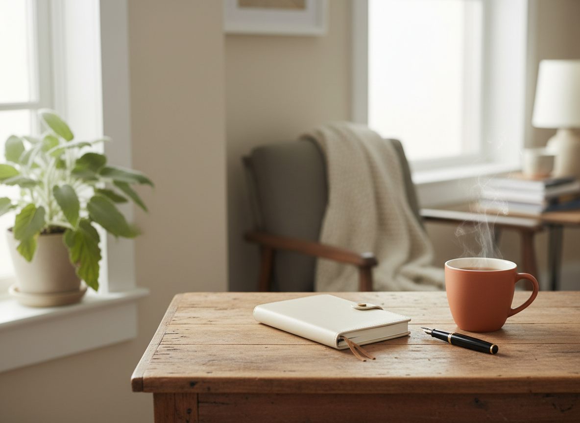 A quiet editorial photograph of soft morning light on a wooden writing desk with a notebook, fountain pen, and cup of tea.